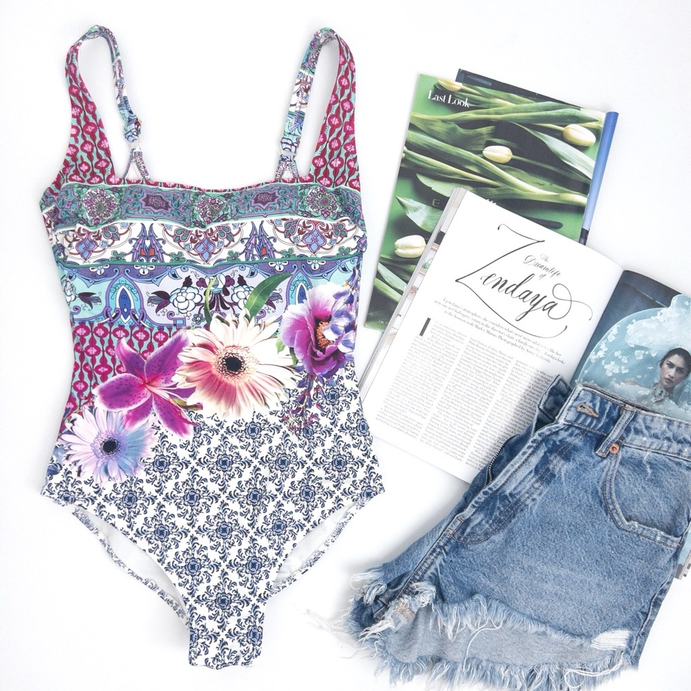 GOTTEX . Floral Square Neck One Piece Swimsuit